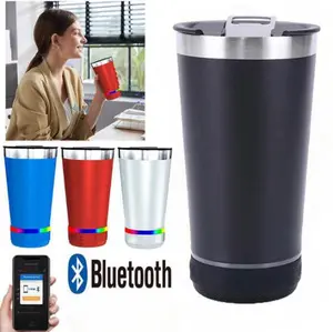 New upgraded version 2-in-1 Smart Beer Mug with Bluetooth Speaker 16oz Stainless Steel Coffee Mug with RGB Ambient Light Travel Cup for Outdoor Party Perfect Gifts for Men Women Protable Music Cup