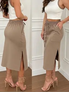 Spring Summer New Straight Long Dress Side Slit Elastic Waist Casual Half Skirt Womenswear for Women, Stylish and Comfortable Fashion Piece