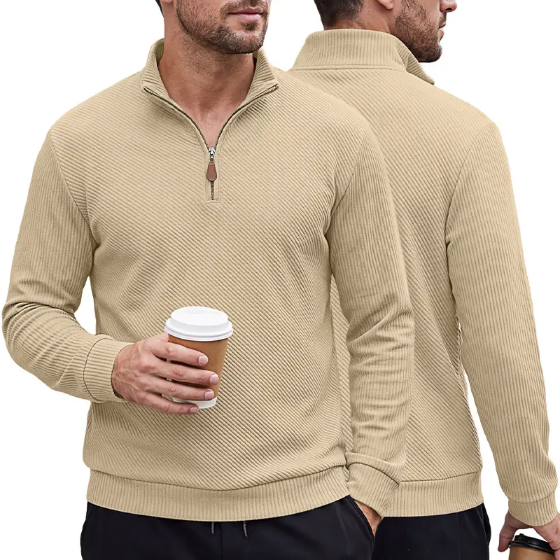 Men's solid-color long-sleeve pullover sweatshirt with a half-zip and stand collar, new for spring and autumn.