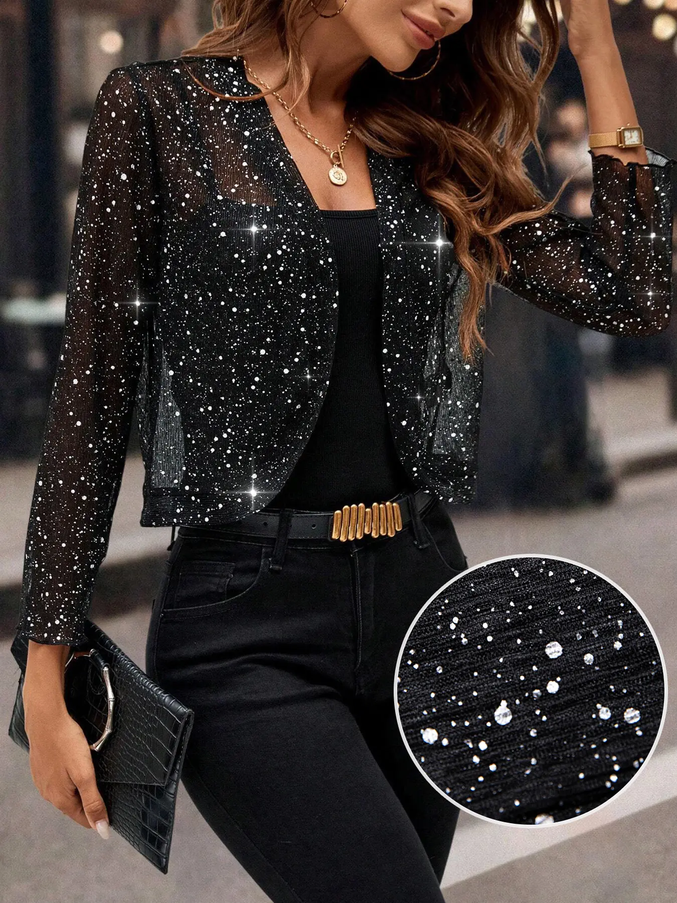 Women's Sequin Polka Dot Long-Sleeve Fitted Open-Front Lightweight Cardigan Jacket, Contrast Sequin Fabric Clothes, Everyday Workwear Piece for Work & Streetwear