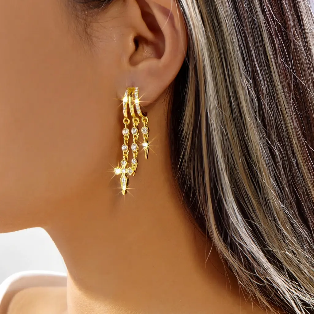 JEYFULL Triple Dangle Huggie Earrings for Women Trendy Dangle Drop Chain Cross Earrings Perfect Gift for All-Day Wear