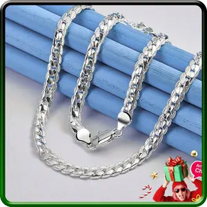1Pc Exquisite 5mm Silver Plated Men's Women Flat Edge Chain Necklace, Simple Style, A Variety Of Sizes To Choose From, Fashionable Couple Jewelry Gift Cuban Link Design chain cross necklace initialnecklace men's jewelry cuban link chain