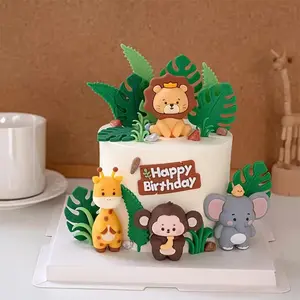 Jungle Safari Cake Topper Set, Includes Lion, Giraffe, Monkey, Elephant, Perfect for Kids' Birthdays, Ideal for Halloween & Christmas Events