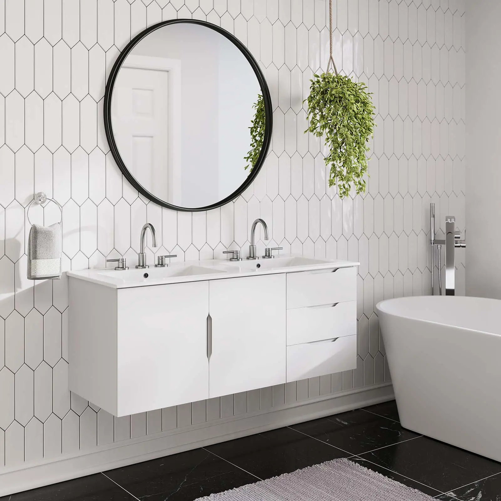 Modway Vitality 48" Double Sink Bathroom Vanity, White, Modern Design, Drawers, Ceramic Basin, Melamine Finish