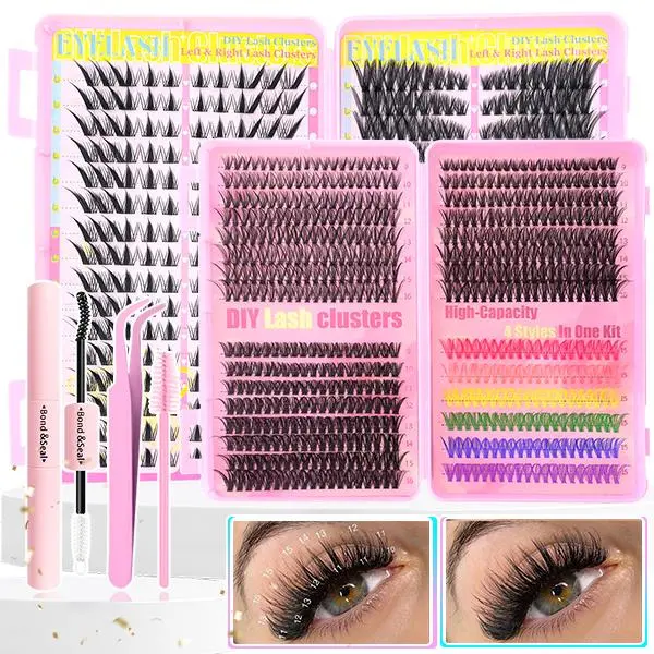 Cluster Lashes Kit for Beginners, DIY Lash Extensions Kit - Mixed Styles 30D,40D,50D D Curl False Eyelashes & Adhesives, Colored, Cat Eye, Natural Wet Look, Thick, Volumizing, Reusable