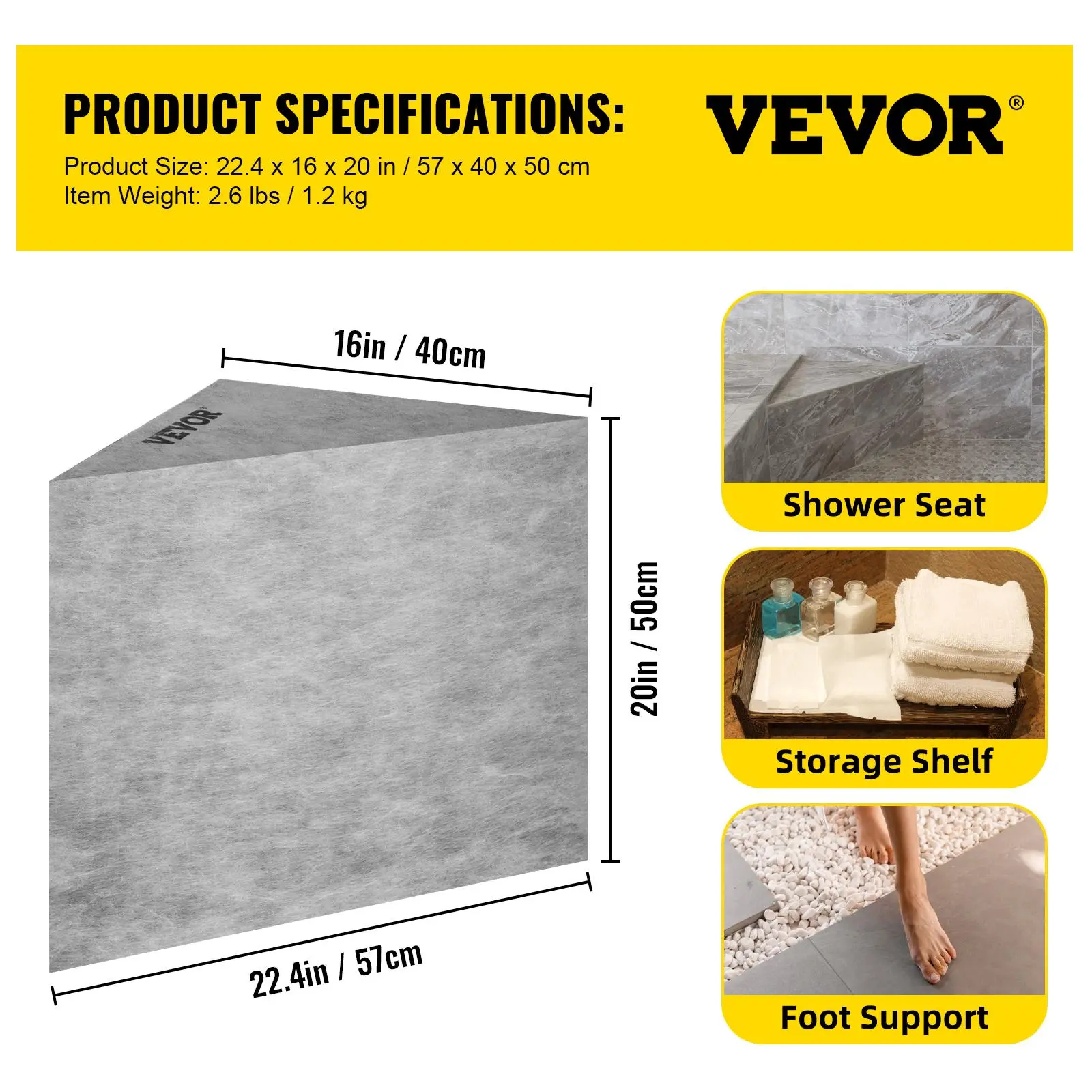 【summerfinds】VEVOR Tile Shower Seat, 22.4\" x 16\" x 20\" Ready to Tile Shower Seat, Factory Waterproof & 100% Leak Proof Tileable Shower Corner Seat, 440lbs Load-Bearing Triangular Board Shower Bench, Grey Installation Resistance