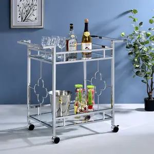 24/7 Shop At Home Laudalino Modern Chrome Metal 2-Tier Mobile Serving Cart with Casters, Home Bar Organiser Cart