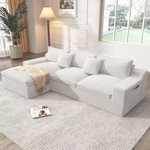 108" Cloud Modular Sectional Couch with Deep Seat, L-Shape Boneless Sofa with Oversized Chaise, Comfy Fluffy Couches for Living Room, Convertible, Layered Cushions, Plush Corduroy, Cream/Grey