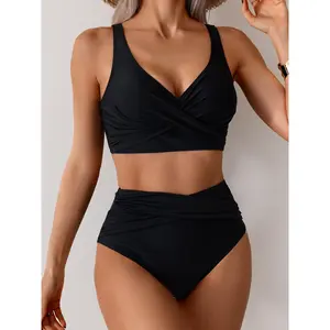 Cross Wrap High Waisted Bikini Set | V‑Neck 2‑Piece Tummy Control Swimsuit