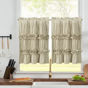 HIG Handcrafted Camel Ruffle Tier Curtains - 2-Pack Blackout Kitchen Curtains for Farmhouse, Cabinets & Windows