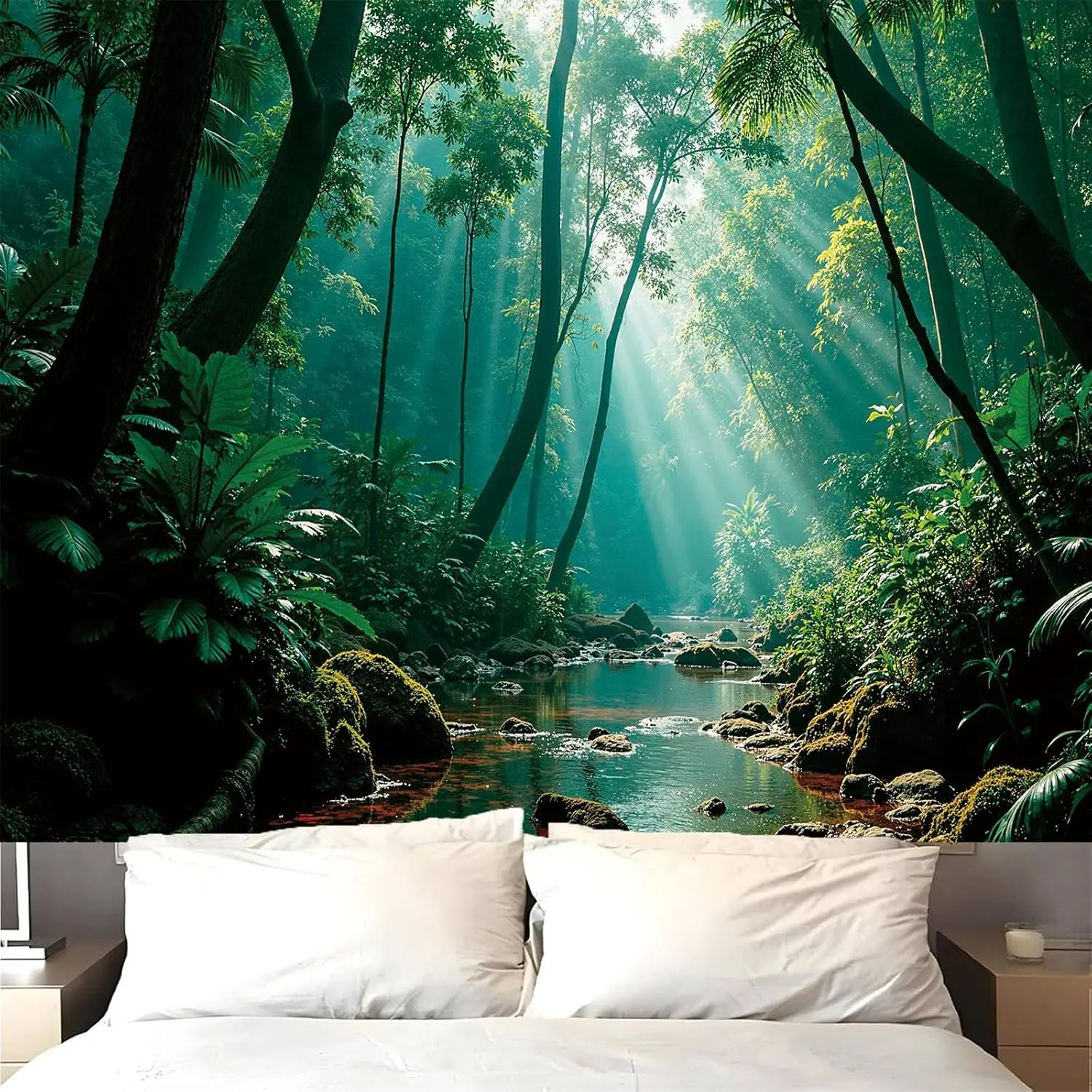 Linen Forest Print Tapestry Wall Hanging - Green Misty Landscape Home Decor, 80x60 in Machine Washable Indoor Backdrop with Animals, Romance, Classic, Geometric, Music Festival Vibes for Bedroom, Living Room