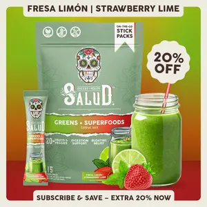 Salud 2-in-1 [Greens + Superfoods – Strawberry Lime] Daily Greens Drink Mix, Agua Fresca, Gut Health & Bloating Support, Probiotics & Prebiotics, Vegan, Non-GMO, Easy-to-Drink Greens Powder (15 Servings)