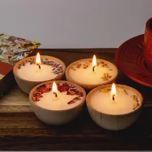 Set of Four Aromatherapy Tealight Candles | One Ounce Wooden Bowl Candle with Dried Flowers | Essential Oil Infused | Wellness Gift