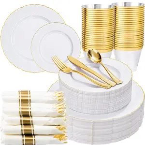 350PCS Gold Plastic Plates - White Gold Disposable Dinnerware Set for 50 Guests - 100 Plates, 50 Pre Rolled Napkins with Cutlery Set, 50 Cups Perfect for Wedding & Party & Independence Day