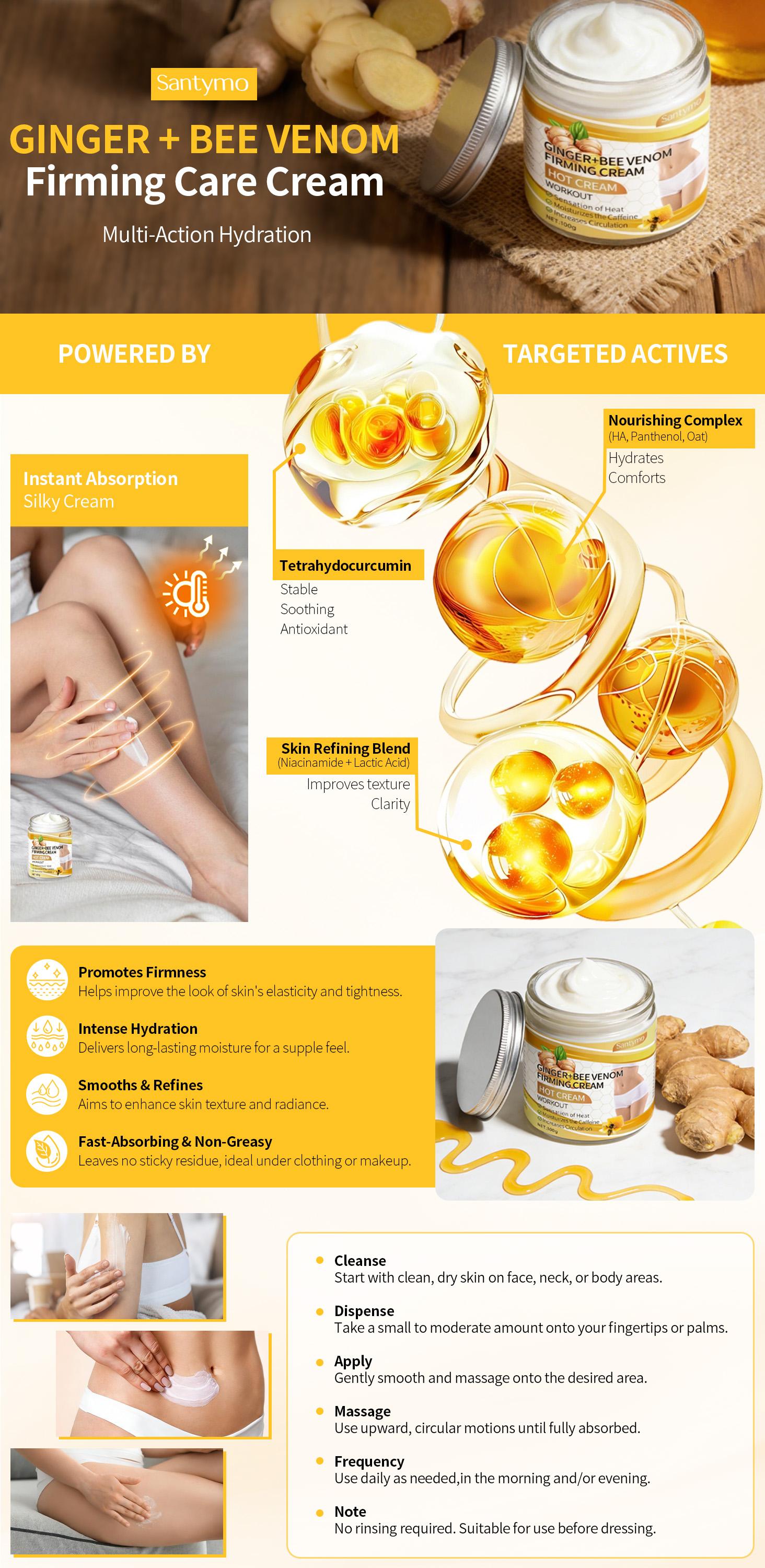 JD CONCEPT Santymo Strength Firming Hot Cream with Bee Venom & Turmeric, Tightening Warming Cream for Neck, Tummy, Thigh and Cellulite, Ultra Moisturizing Body Butter for Women and Men, 3.5 oz