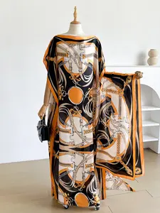 Boho Style Moo Moo Long Dress Set, Colorful Chain Print Robe with Scarf, bohemian cover up, Sun Protection Beachwear for Women, All Seasons Fitted