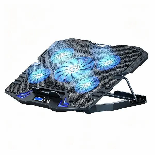 Gaming Laptop Cooler with 5 Fans, Adjustable Cooling System, LCD Display, Metal Mesh, Adjustable Height, Low Noise, Cooling Strong Airflow, Compatible with 12-18 Inch Gaming & Office Notebooks