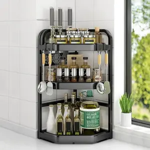 3-Tier Corner Spice Rack Organizer - Stainless Steel & ABS Kitchen Shelf with Knife Holder, Hooks, and Anti-Rust Design for Countertop Storage, for Kitchen, Office