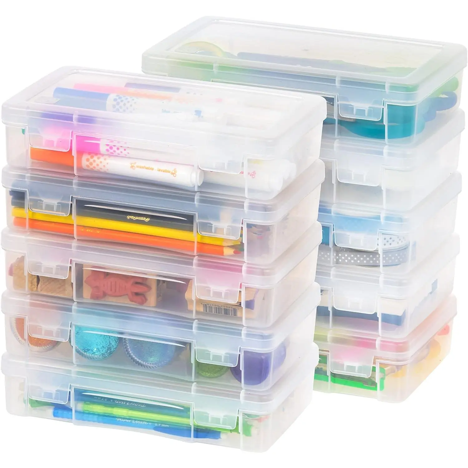 Plastic Pencil Case Box Craft Hobby Art School Supply Storage Organizer Container with Latching Lid, 10-Pack, for Bead Pens Ribbons Wahi Tape Sticker Yarn Ornaments, Stackable, Clear, Medium
