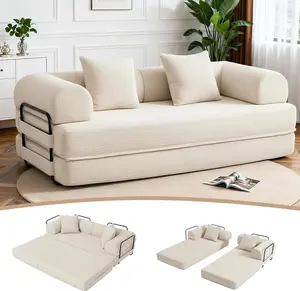 oneinmil 79" Sofa Bed Convertible Boneless Corduroy Modular Couch with Fixed-Shape Frame & Removable Armrests for Living Room & Bedroom White Finish