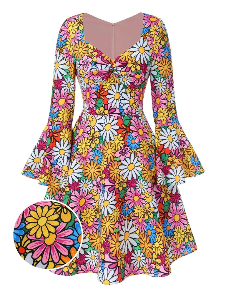 RETRO STAGE Women's 1960s-Inspired Casual Dress - Flare-Sleeve, Colorful Daisy Flower-Themed, Above-Knee, Casual Boho Bohemian Summer Wear, Flower-Themed Casual Dressessummer outfits BackToSchool