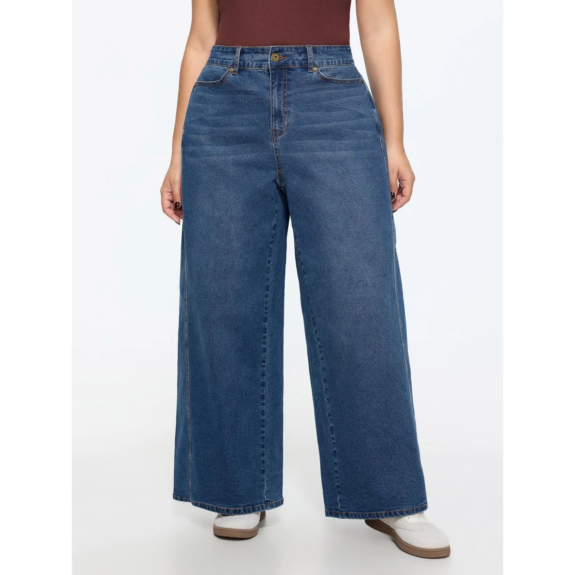 BloomChic Plus Size Tall Lace-Up Wide-Leg Jeans, Mid-Rise Curvy Fit in a Stretchy Cotton Blend, Curvy Fit Jeans, Mid Waist, Cold Wash, Button Front, Do Not Tumble Dry, Stretchy Baggy Jeans