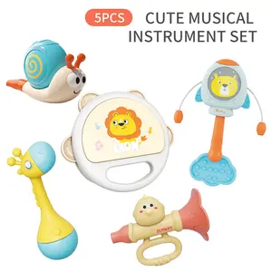 5pcs Musical Instruments And Ringing Toys Set Toddler Giraffe Sand Hammer Rocket Plucking Wave Drummer Clapping Bell Drum Snail Whistle Toys Kids Enlightenment Puzzle Grip Toy