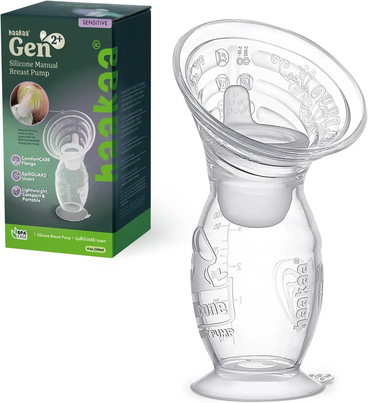 haakaa Gen.2 Plus Upgraded Manual Breast Pump, Multi-Ring ComfortCARE Sensitive Silicone Breast Pump with Stopper Set, Patent-Pending Design for Breastfeeding Moms