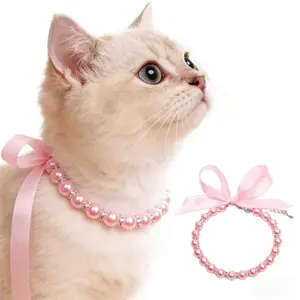 Dog Cat Pearl Collar Necklace Rhinestone Pearls Bow Necklace Jewelry for Small Dogs Puppy Sparkly Cat Wedding Collar Clothes Costume Outfits Accessories