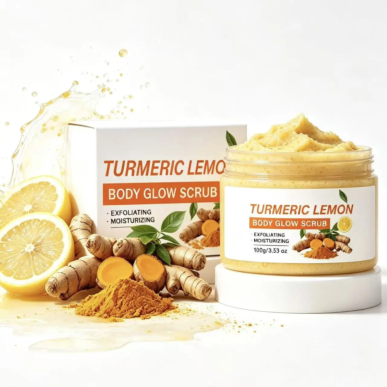 Turmeric Lemon Body Glow Scrub, Gentle Exfoliating Moisturizing Skin Brightening Body Exfoliator for Smooth Radiant Skin, 100g / 3.53 oz