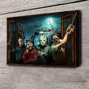 1 Piece Horror Idol Canvas Poster, Wood Vintage Wall Art - Freddy Krueger Jason Voorhees<Dream of Oak Street>Friday the 13th Halloween Movie Decoration - Frame with Hook - Horror Mansion Window Scene - Suitable for Horror Fans, Home Theater, Haunted House