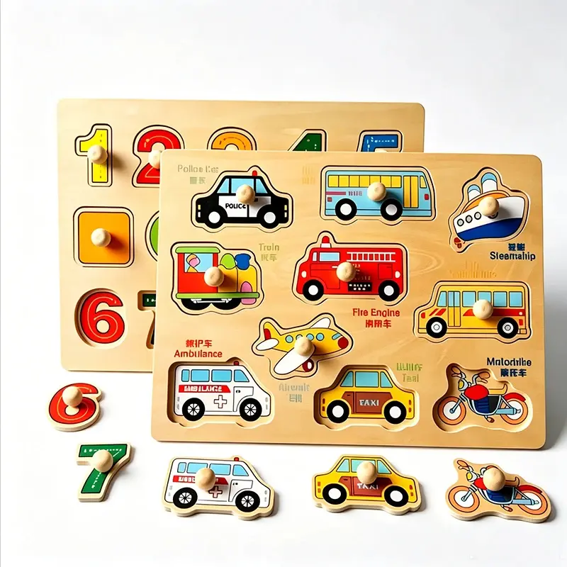 Montessori Toy – Wooden peg puzzle board for letter and number recognition.
