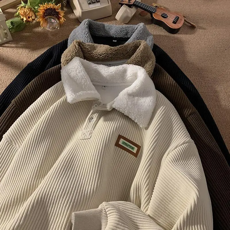 Women's Soft Corduroy Mock Neck Collared Neck Polo Sweatshirt - Vintage Loose Fit Thick Lamb Wool Long Sleeve Pullover, Solid Plain Medium Length, Button-Detailed Minimalist Casual Streetwear Tops for Valentine's Day, Mock Neck Sweatshirt