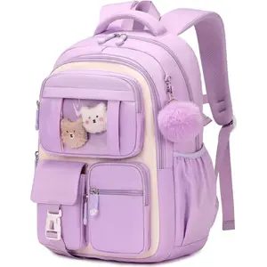 P-AD01   Kids Backpack for Girls School Bags for Middle School Students Book Bag for Elementary Primary Kawaii Ita Backpack, Purple and Beige