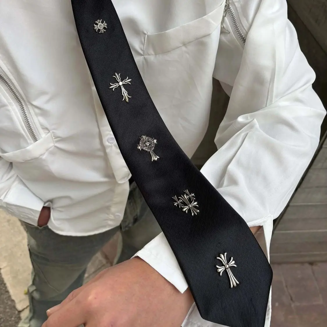 Gothic Metal Cross Decor Black Necktie Y2K Punk Preppy Style Tie For Men Women
