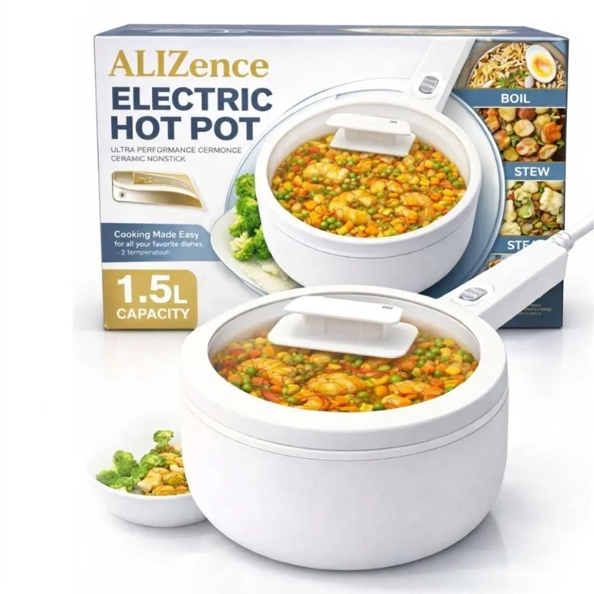 2026 New Pro Ceramic Non-Stick Electric Hot Pot (1.5L, 350W-700W Adjustable Power), with Steamer Basket, Lid & Spatula, All-in-1 Mini Portable Cookware for Simultaneous Cook & Steam, College Dorm Room Essential