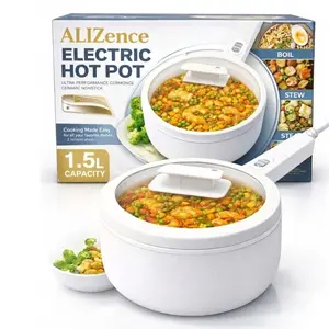 olakys Electric Hot Pot with Steamer,1.5L Ceramic Glaze Non-stick Portable Pot, Dual Power Multi-functional Electric Cooker, Suitable for Steak, Pasta, Hot Pot, Ramen, Electric Pot for Dorm