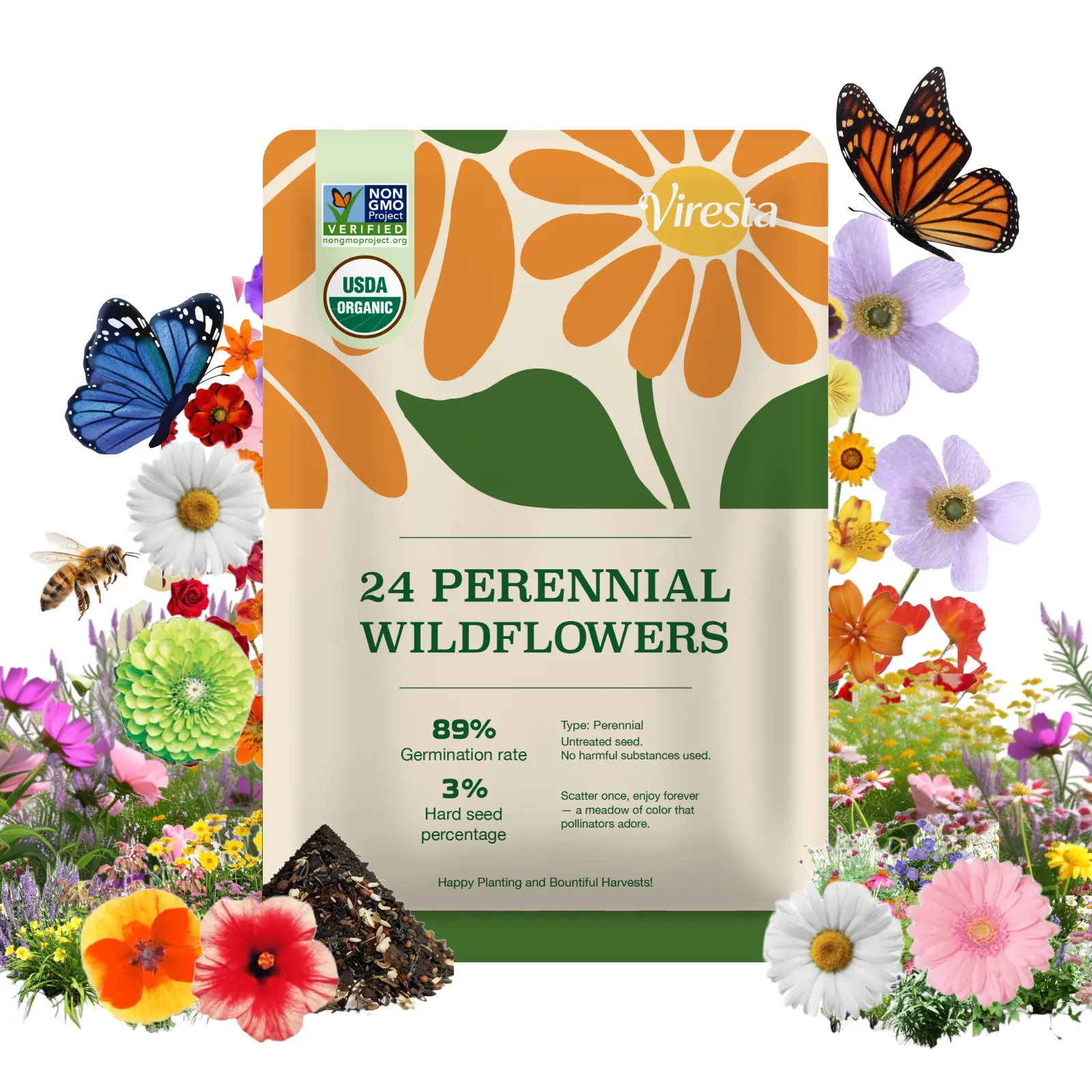 24 Perennial Wildflowers Seeds Mix Flower Seed Packets - Non-GMO Heirloom, Pollinator-Friendly, Full Sun Plants, Attracts Bees Butterflies & Hummingbirds, High Germination for Indoor-Outdoor Gardens, Mother's Day Gift Option