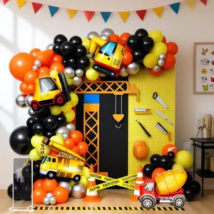 104pcs Construction Balloon Arch Garland Kit, Orange Black Balloons With Excavator Dump Truck Crane Blender Foil Balloon For Construction Theme Birthday Party Decorations Baby Shower Construction Party Decoration