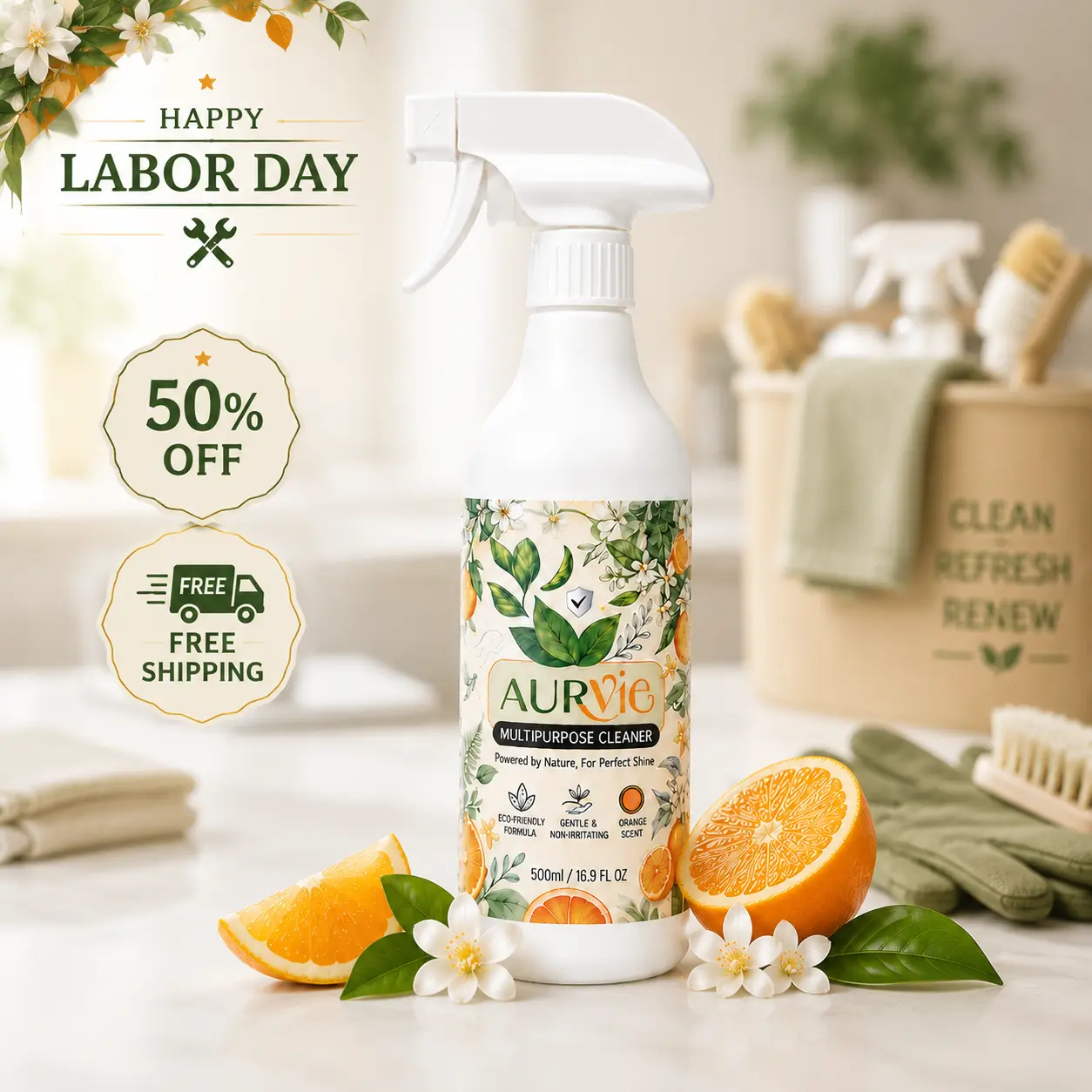 AURVIE All-Purpose Cleaner- 500ml Orange Scent,Multipurpose Cleaner Spray, Orange Scent Home Cleaner for Kitchen Grease, Bathroom, Floors, Glass, Cars & Shoesmultipurpose cleaner,all purpose cleaner,back to school gify,Christmas gift，Labor Day gift