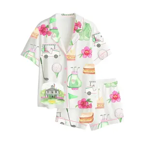 Women’s Golf Masters Augusta Watercolor Golf Print Long & Short Sleeve Satin Pajama Set, Gift for Her, Funny Lounge Outfit Gift, Loungewear Long & Short Set, Soft Sleeper Wearing