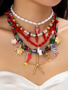 Boho Style 4-Piece Set, Starfish & Chilli Fish Charms, Handmade Accessories for Women, Random Colors/shapes, Perfect for Vacations