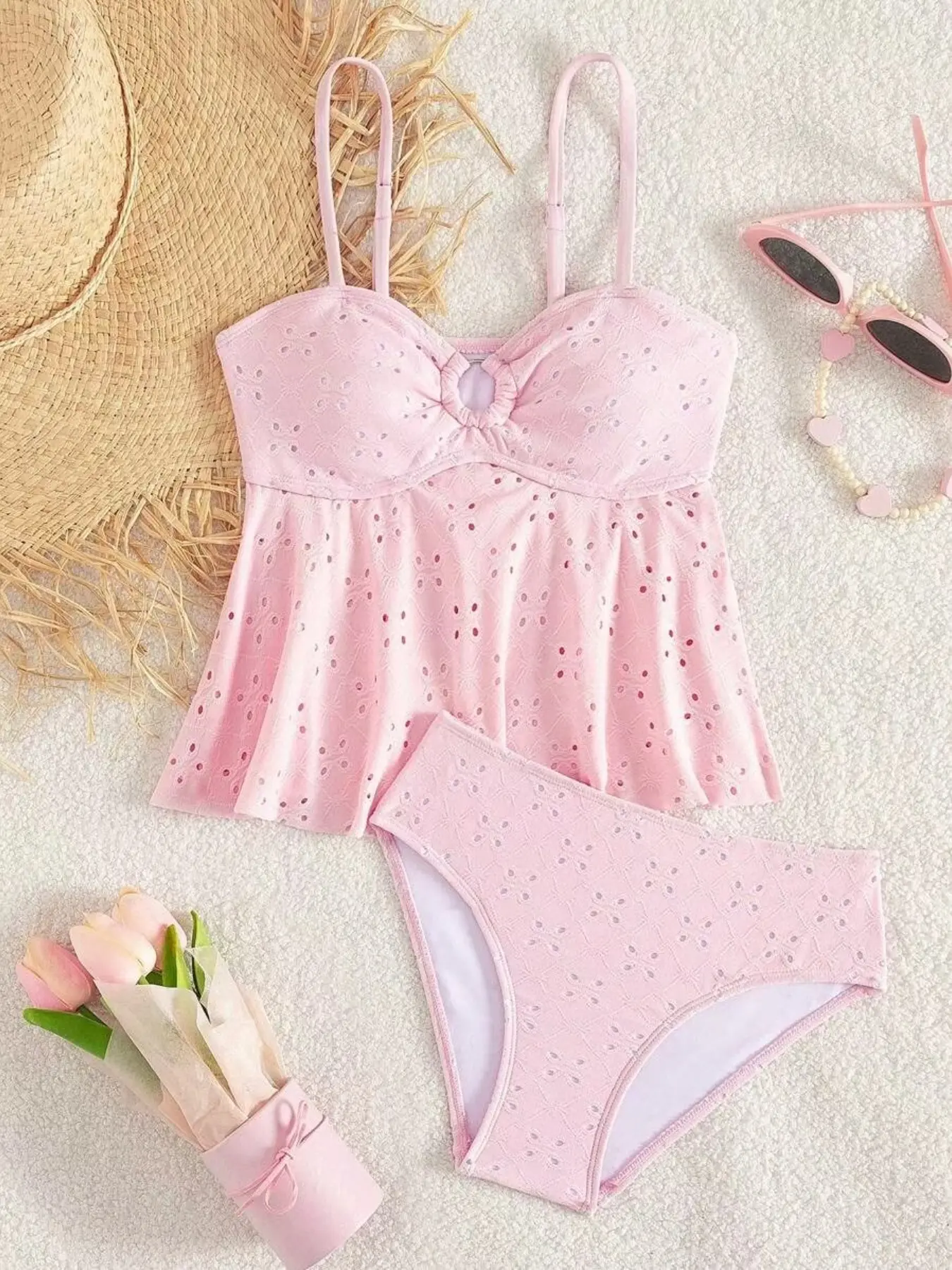 Girls' Solid Color Cutout Ruffle Tank Swimsuit Set, Teenage Girl Swimwear, Swimwear Outfits, Tween Swimsuits, Fashionable Comfort Design, Perfect for Summer Beach Time, Swimwear Bathing Suit