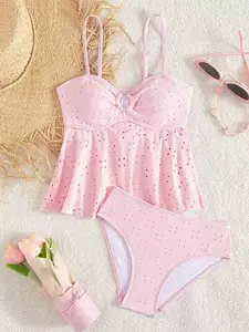 Girls' Solid Color Cutout Ruffle Tank Swimsuit Set, Teenage Girl Swimwear, Tween Swimsuits, Fashionable Comfort Design, Perfect for Summer Beach Time