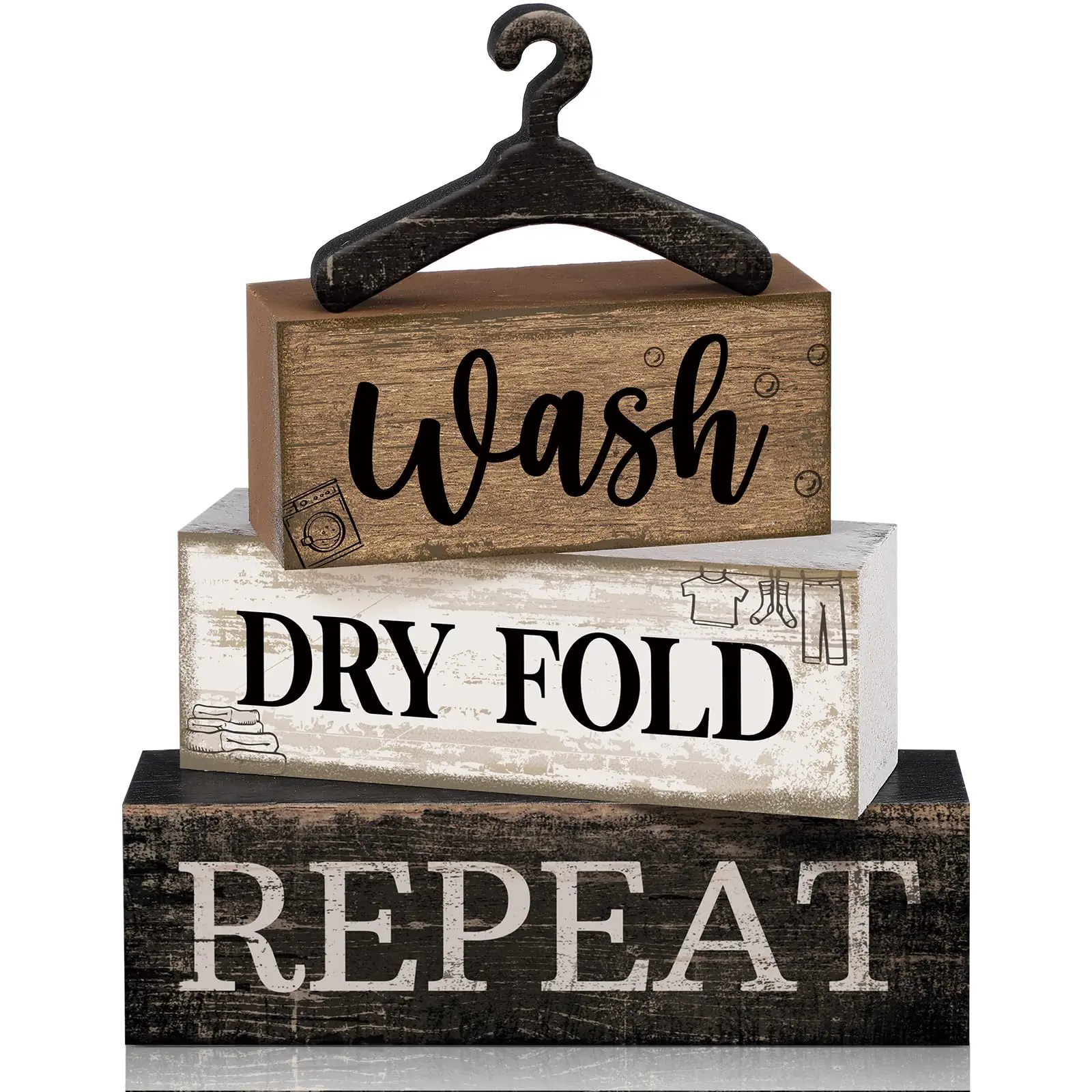 4-piece farmhouse-style laundry room stacking block decor set, including a wooden signage set with retro hooks for wash, dry, stack, and cycle — vintage-style home shelf decor for the laundry area, housewarming gift