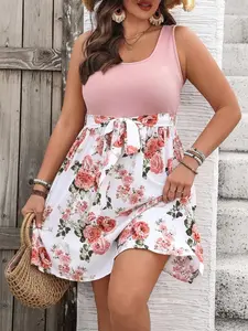 Plus Size Boho Contrast Floral Print Casual Dress Sleeveless Scoop Neck A Line High Waist Flared Hem for Summer Beach Holiday Outfits