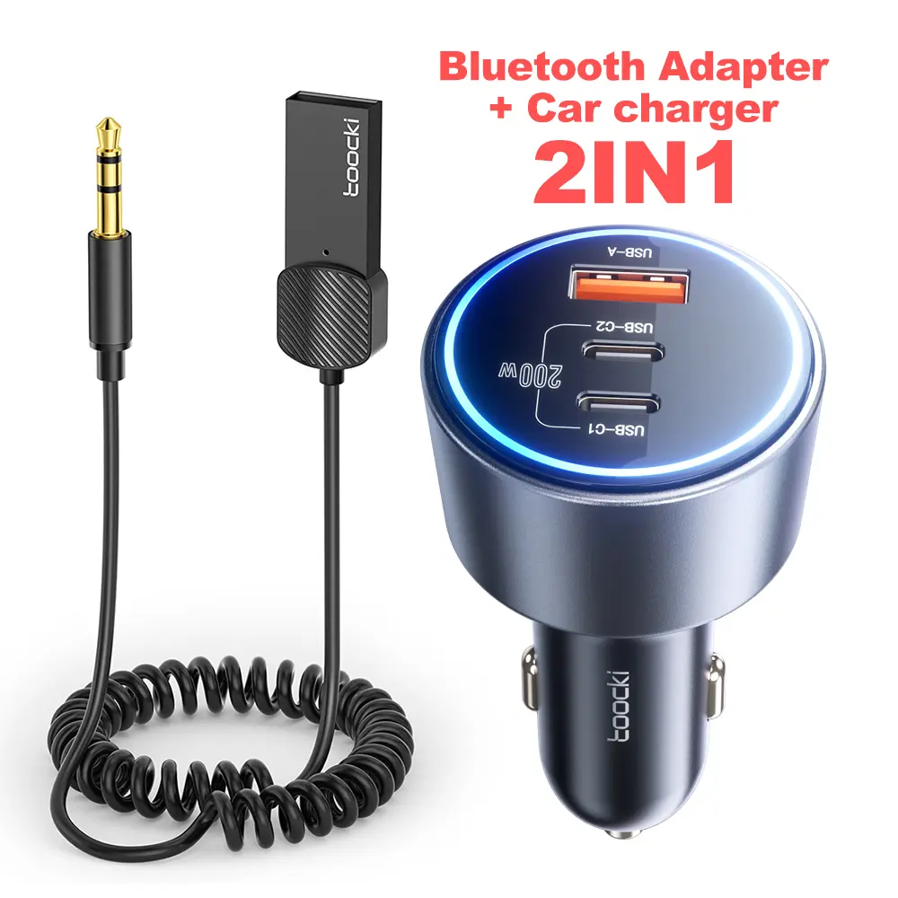 Toocki Bluetooth 5.4 Receiver Car Charger - Hi-Fi Sound, Auto Connection, 3 Ports (USB-A, 2 USB-C PD/QC Support), LED Ambient Light, Carplay TV Adapter, Wireless Carplay Adapter for iPhone, Samsung