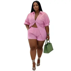 Plus Size Women's  2-Piece Gingham Striped Set - Button-Front Drop Shoulder Long Sleeve Shirt, Elastic Waist Pocket Shorts, Chic  Spring & Fall Outfits casual cozy breathable two-piece matching women summer fathersdaygiftideas