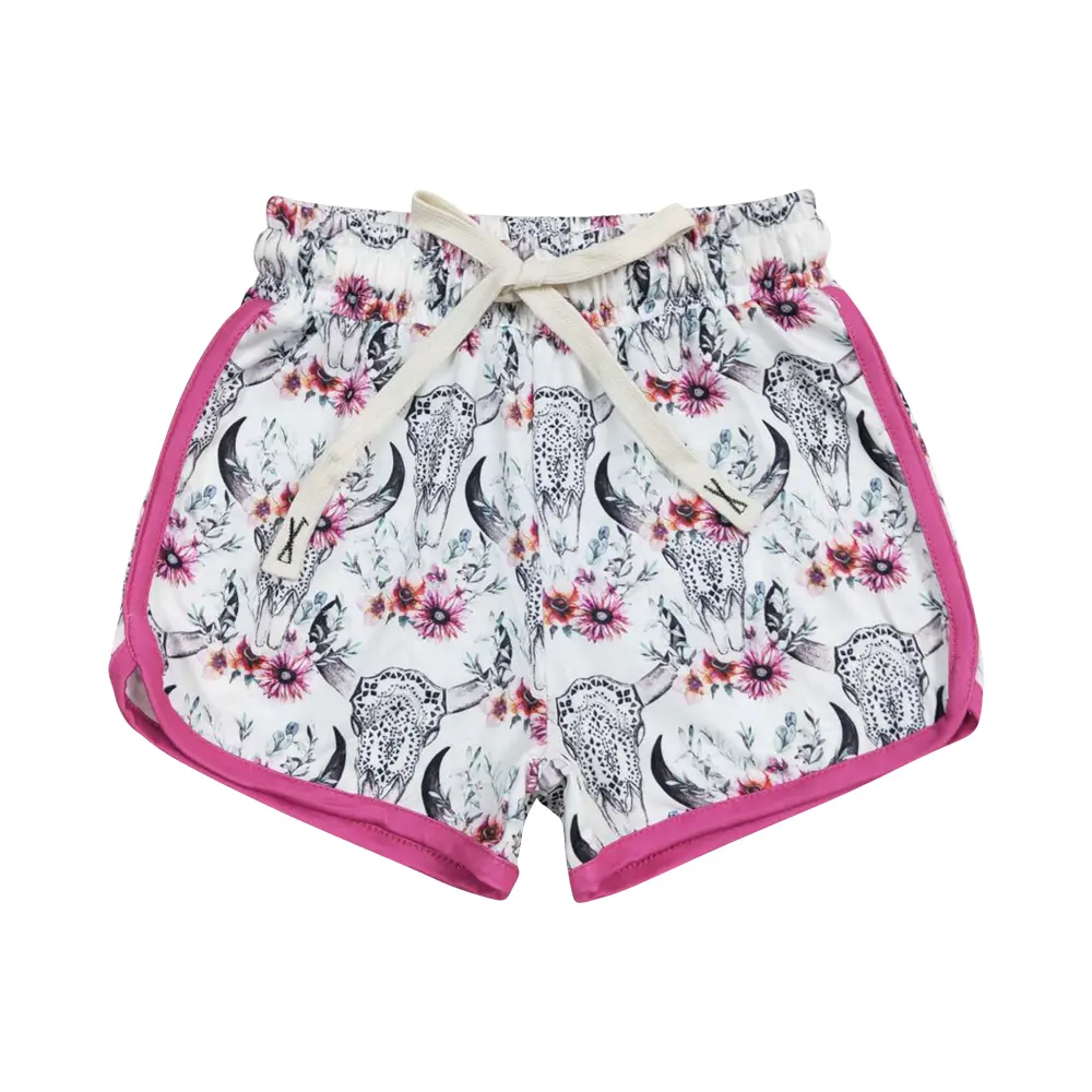Toddler Girls' Buttery Soft Mid-Waist Slim Fit Fashion Shorts - Western Skull & Flowers, Cow Floral Design (SS0122)
