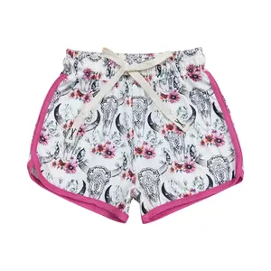 Toddler Girls Soft Floral Print Mid-Waist Bottoms - Western Skull Print, Cow Floral Design, Soft Shorts (SS0122)